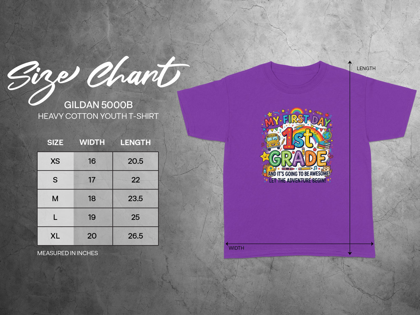 Gildan 5000B Heavy Cotton Youth T-Shirt size chart with width and length measurements in inches.