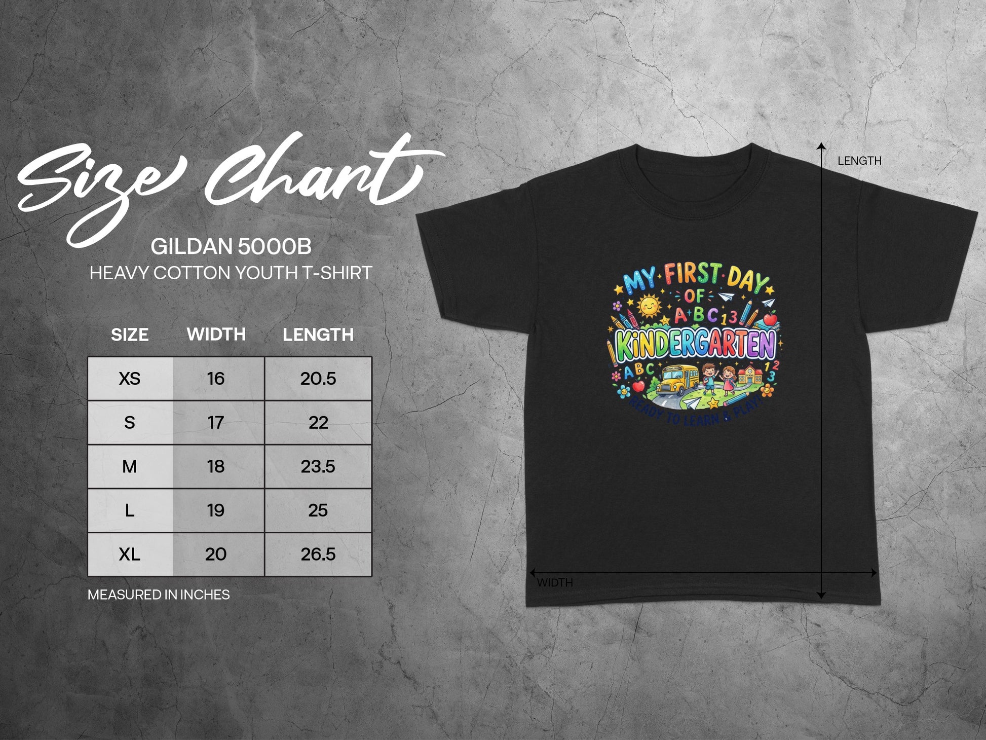 Gildan 5000B youth t-shirt size chart with width and length measurements.