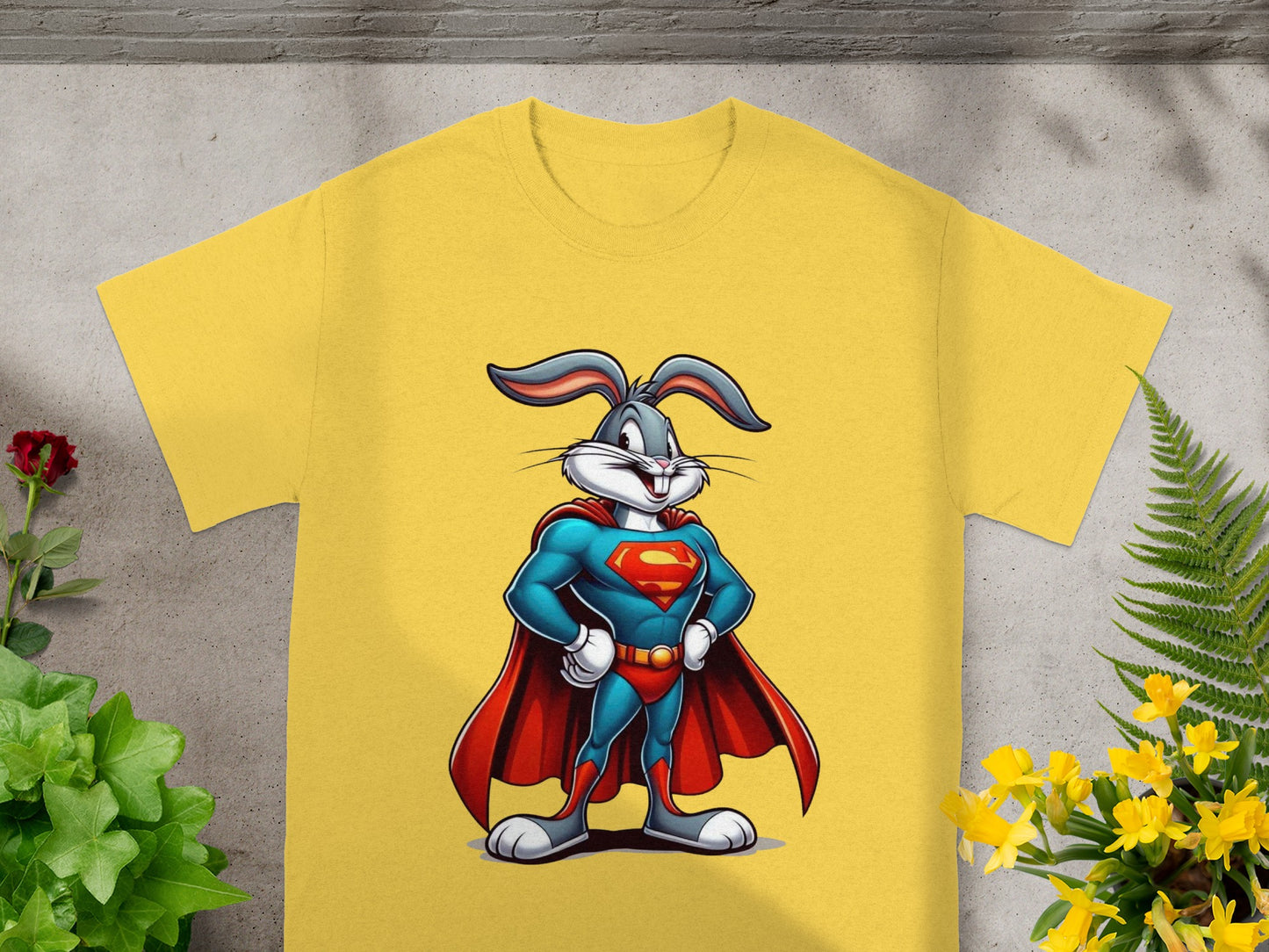 Yellow t-shirt featuring Bugs Bunny in a Superman costume.
