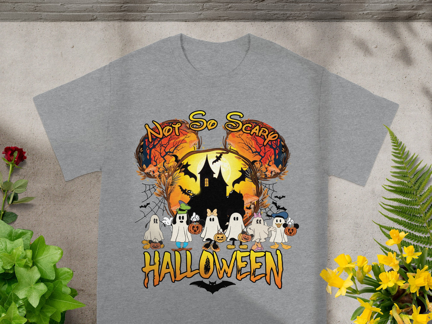 Gray t-shirt with a "Not So Scary Halloween" design featuring Mickey-shaped pumpkins and characters.