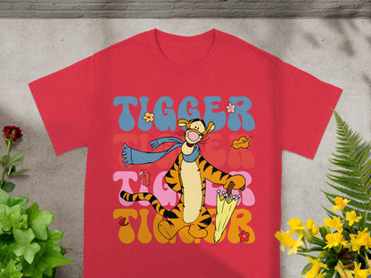 Tigger graphic tee with wavy "TIGGER" text and umbrella.