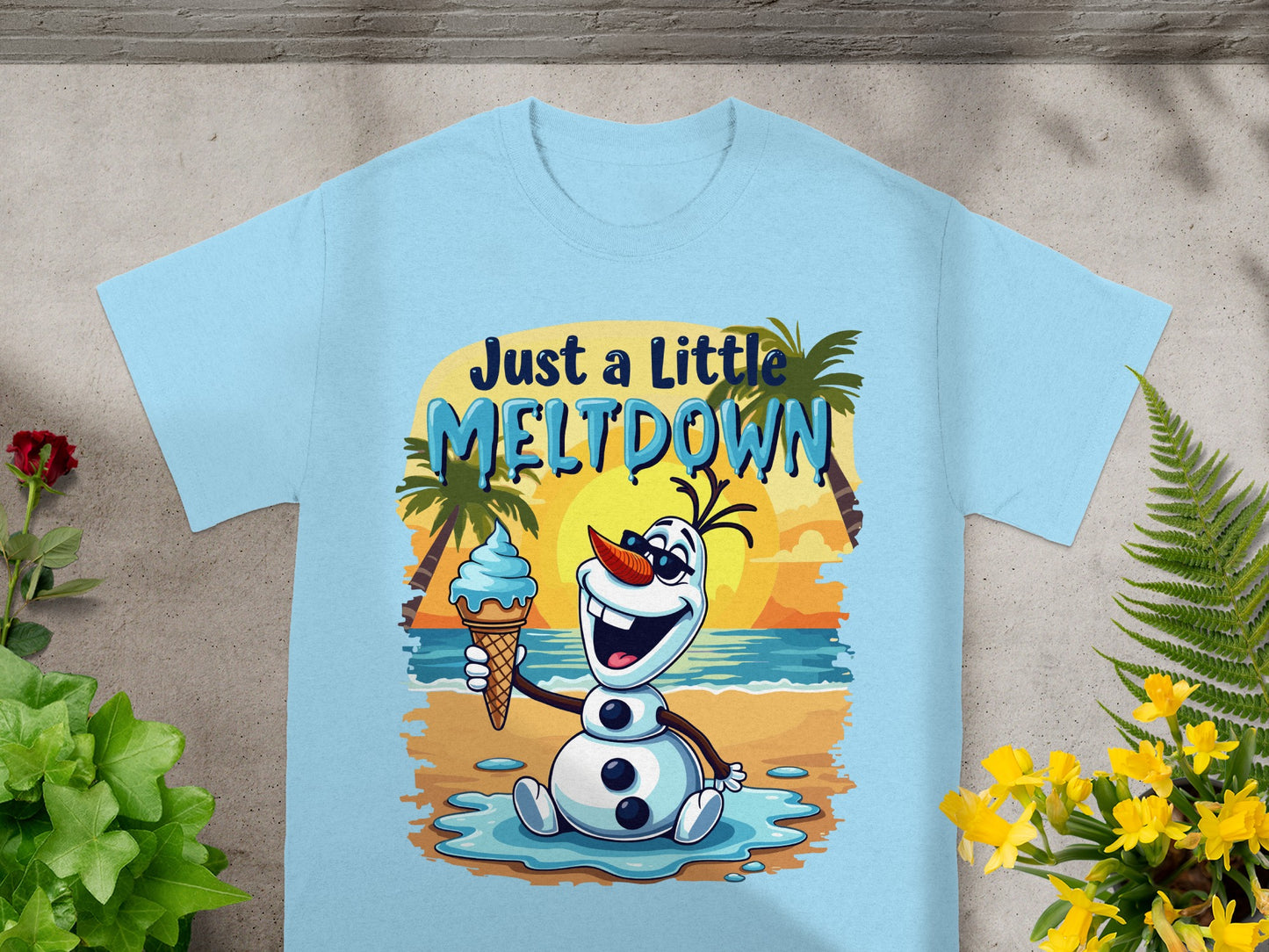 Olaf holding ice cream on a beach with text "Just a Little MELTDOWN".
