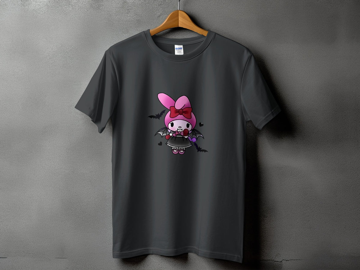 Dark grey t-shirt with cartoon bunny in a black dress and bat wings.