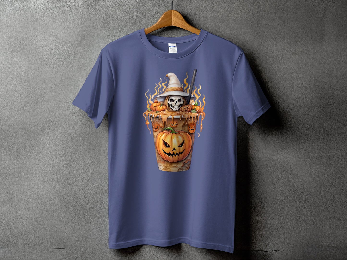 Purple t-shirt with a Halloween coffee cup graphic featuring a skull and pumpkins.