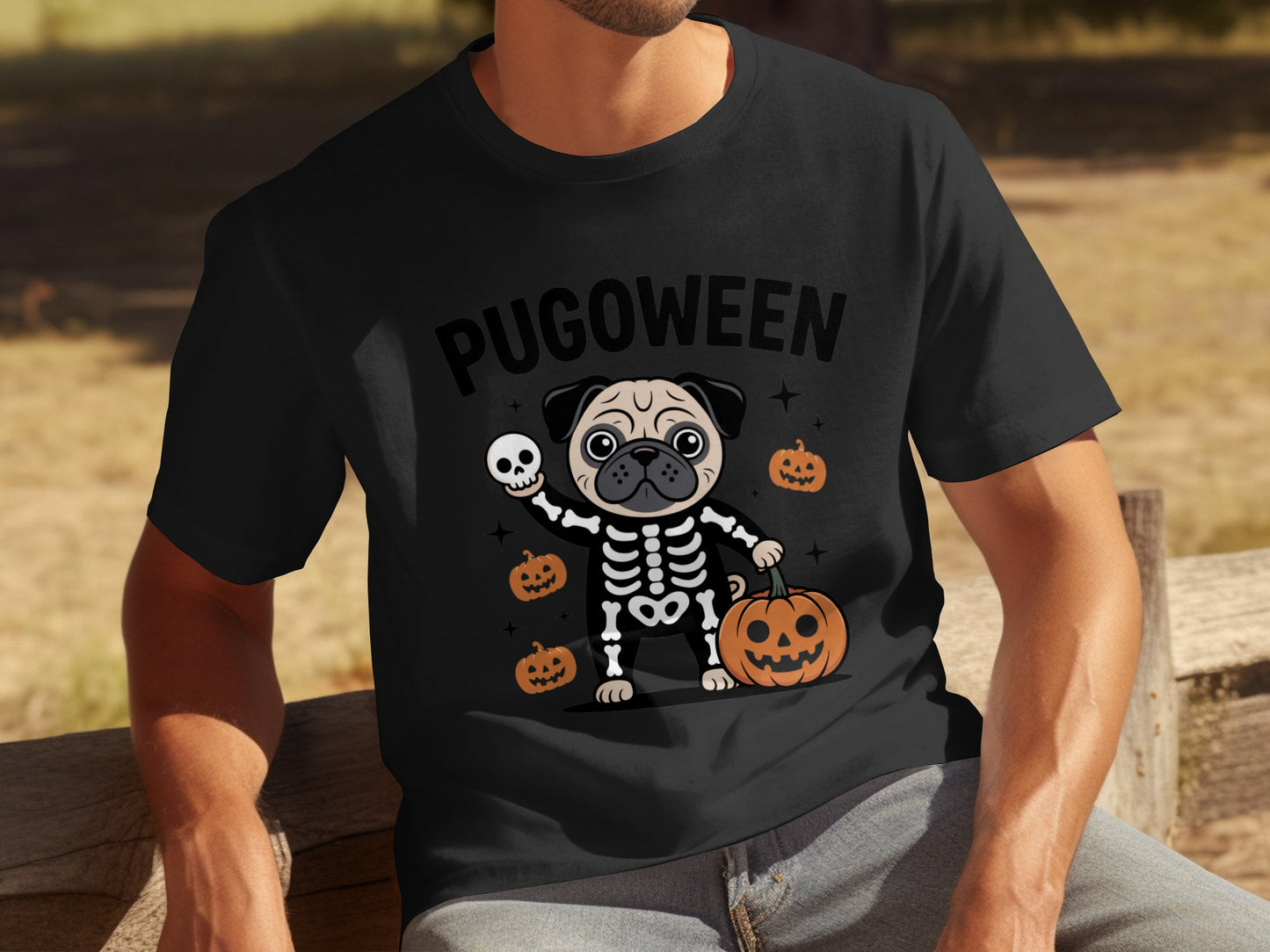 Pugoween Skeleton Pug Holding Skull Halloween T-shirt
