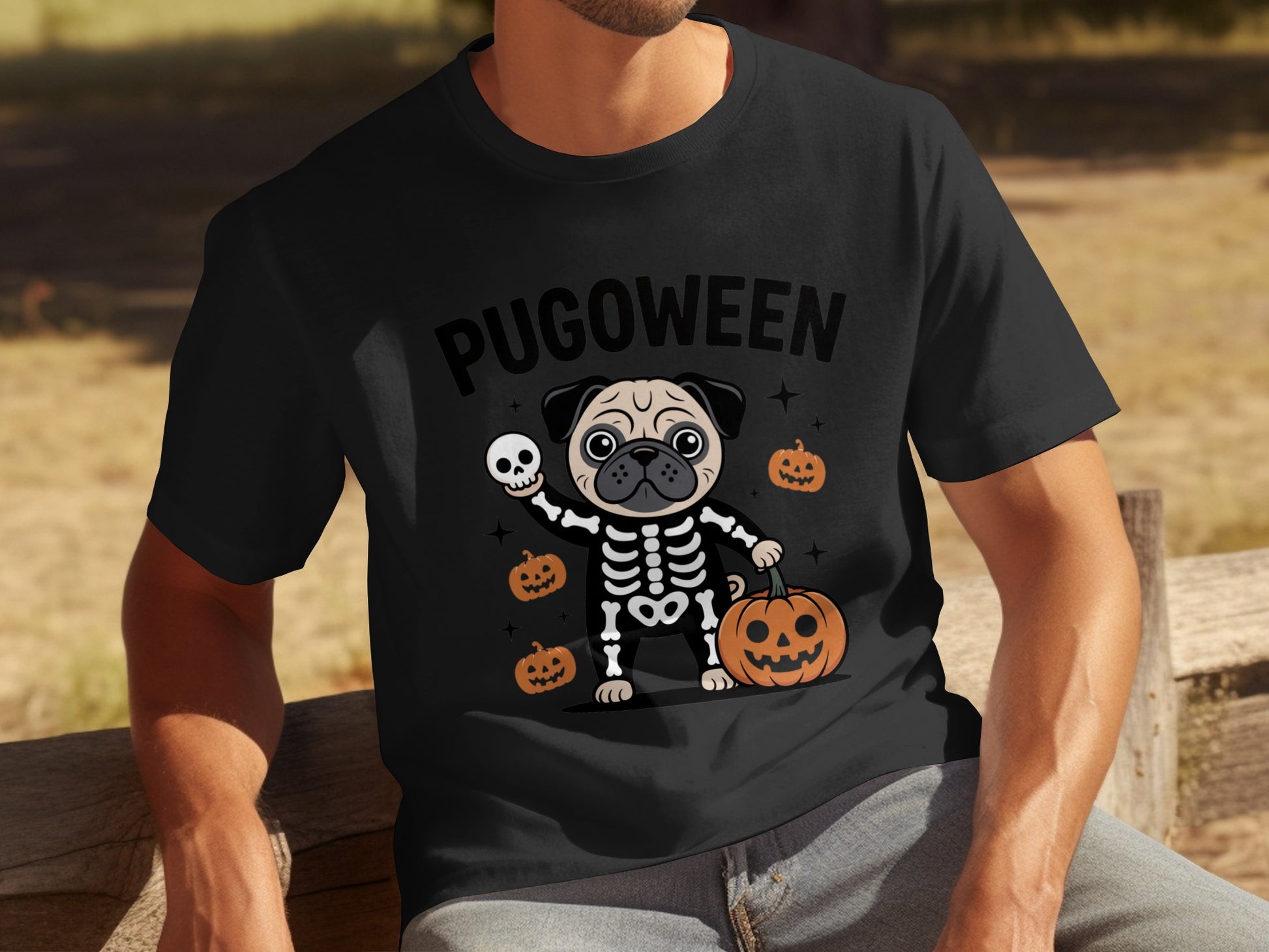 Pugoween Skeleton Pug Holding Skull Halloween T-shirt