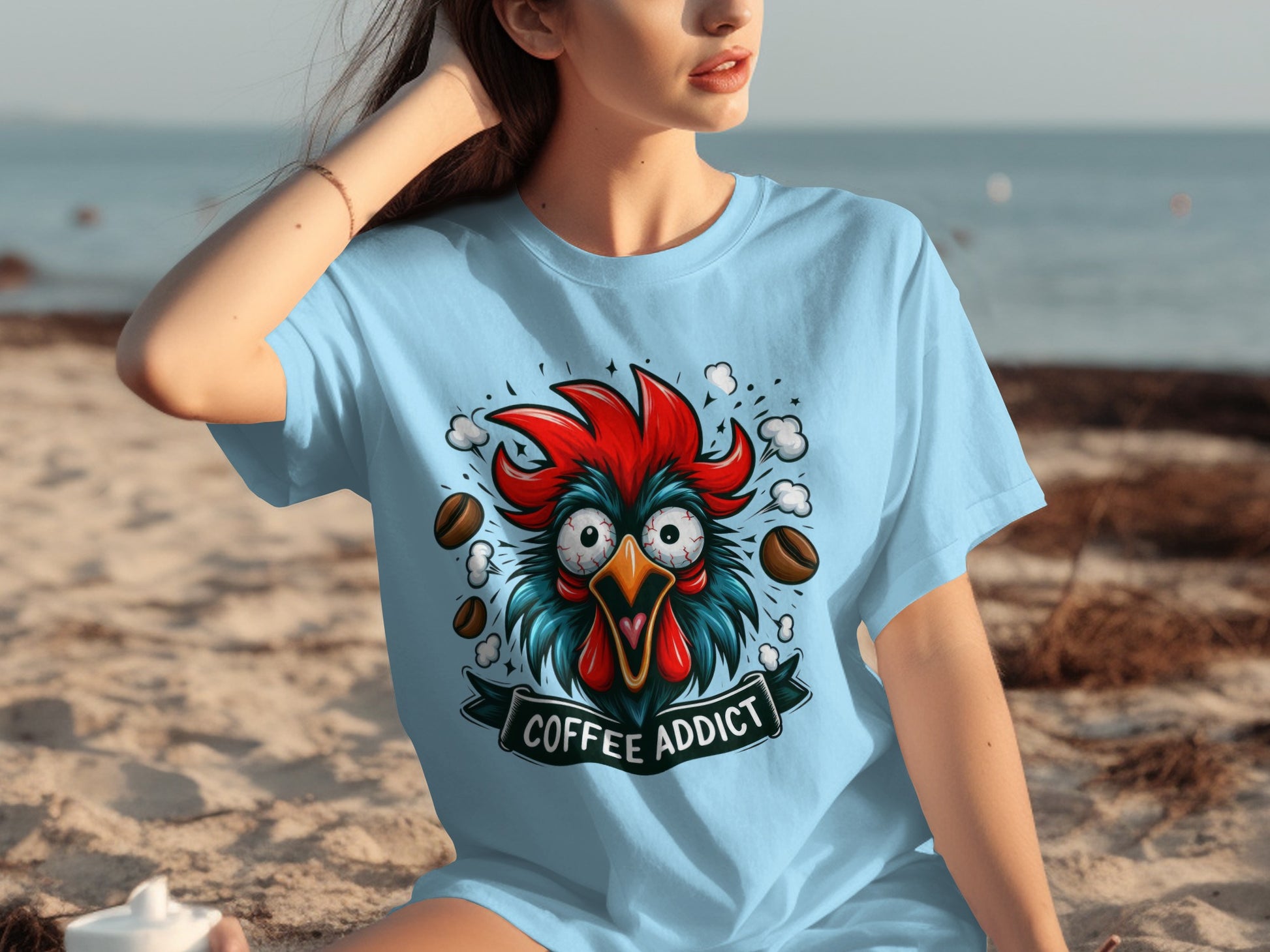Coffee Addict Funny Rooster Graphic T-Shirt