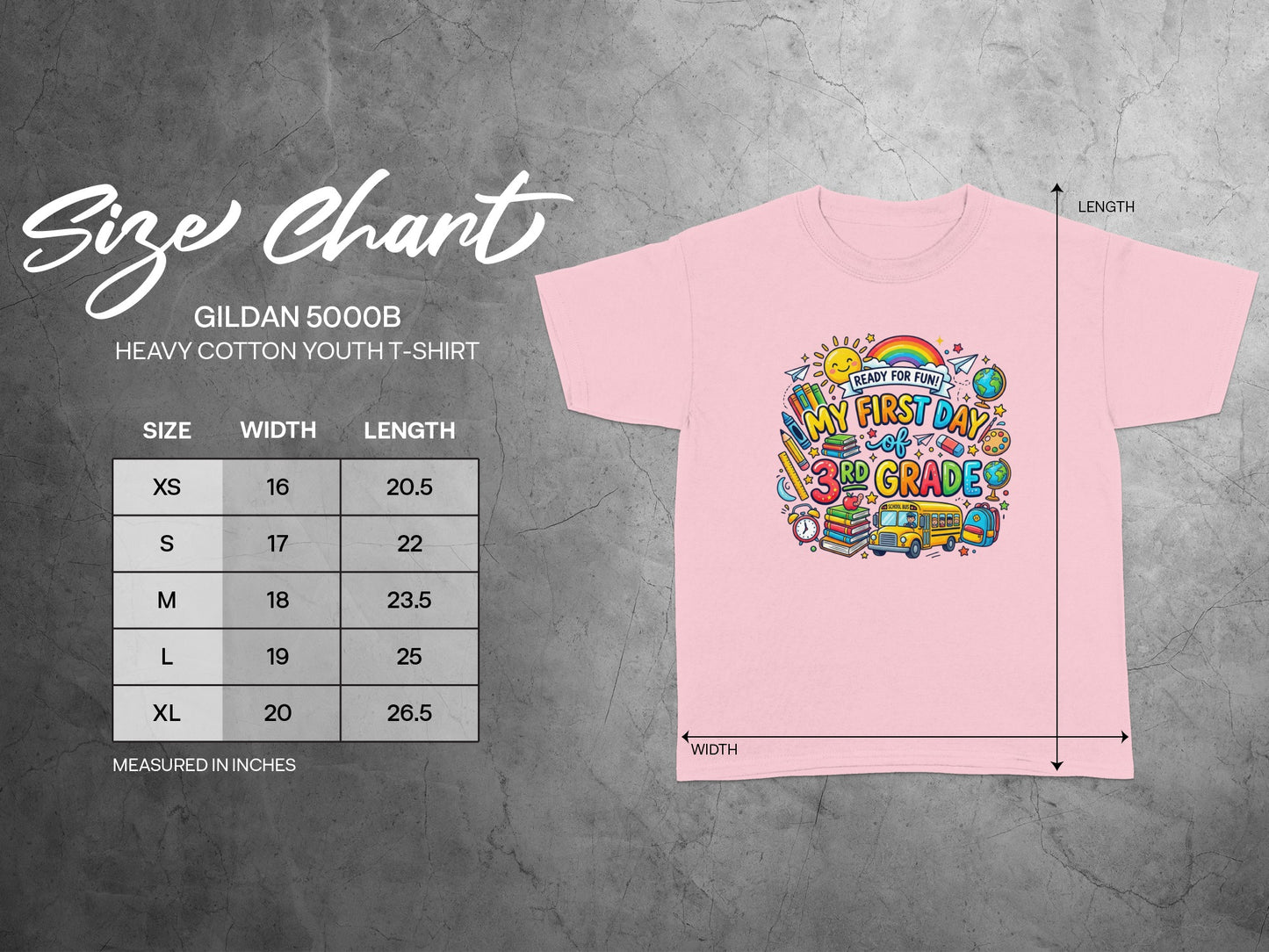 Youth Gildan 5000B pink t-shirt with "My First Day of 3rd Grade" graphic and size chart.
