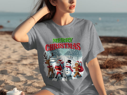 Merry Christmas Graphic Tee with Holiday Characters
