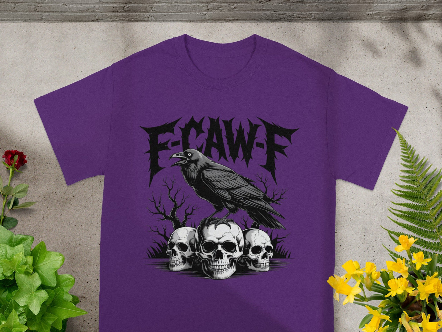 E-CAW-F Purple T-Shirt with Skull and Crow Design