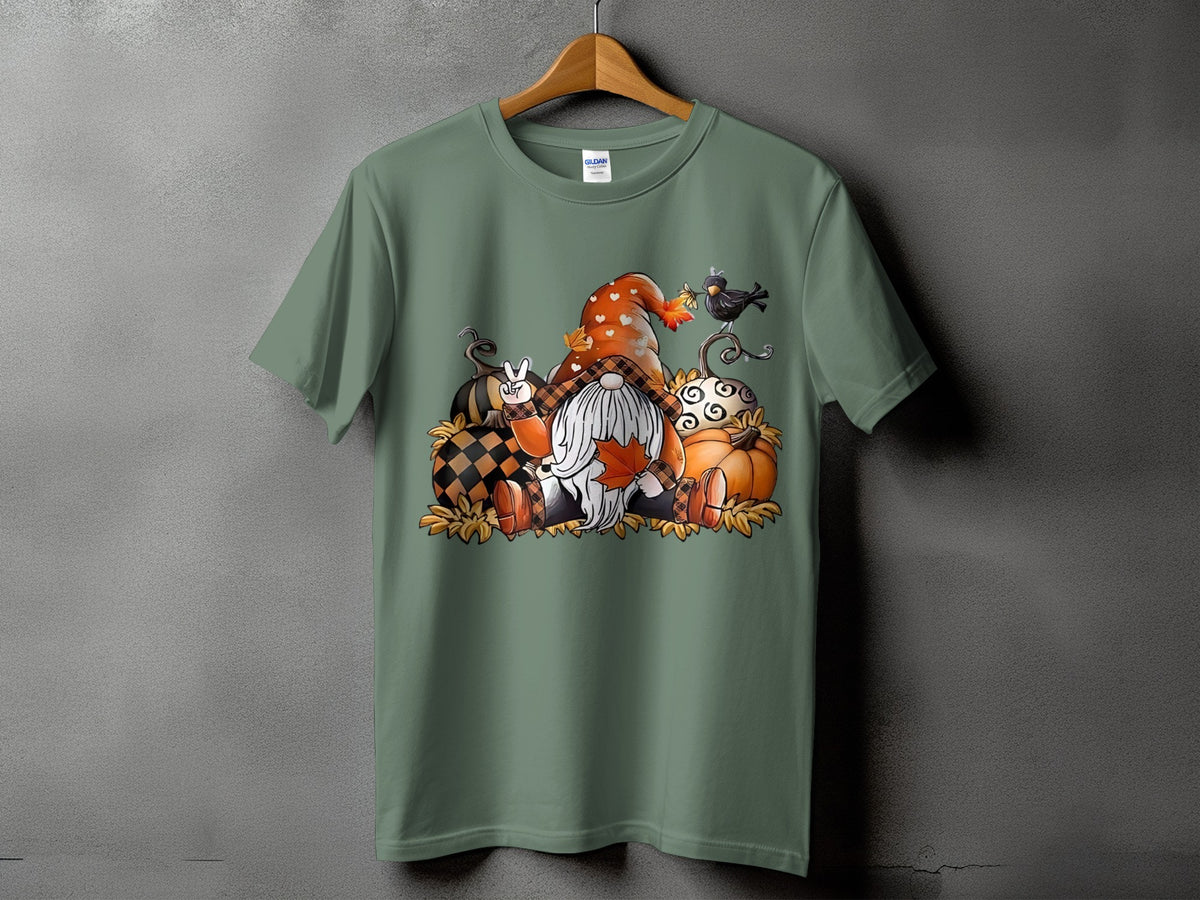 Gnome and pumpkins graphic on a green t-shirt.