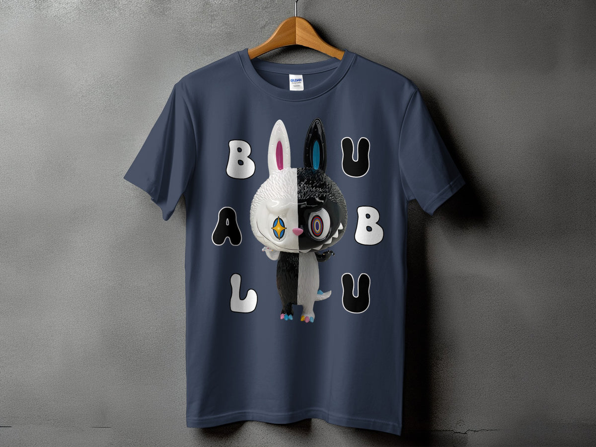 Dark blue t-shirt with a split black and white bunny graphic and text.