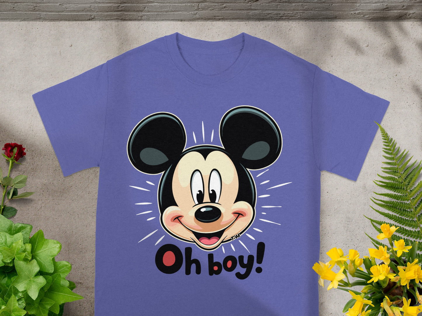 Mickey Mouse head graphic with "Oh boy!" text on a purple t-shirt.