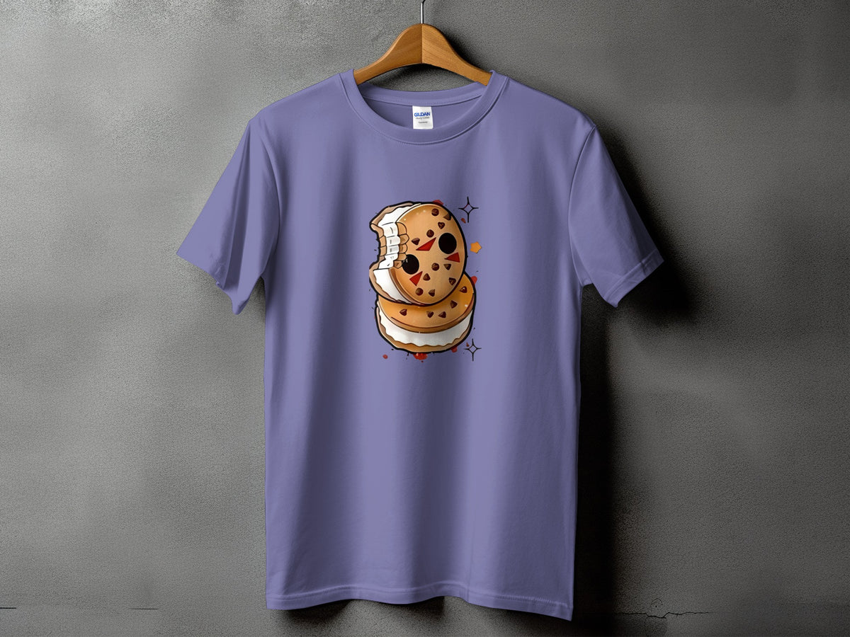 Lavender t-shirt with a cartoon image of a bitten ice cream sandwich.