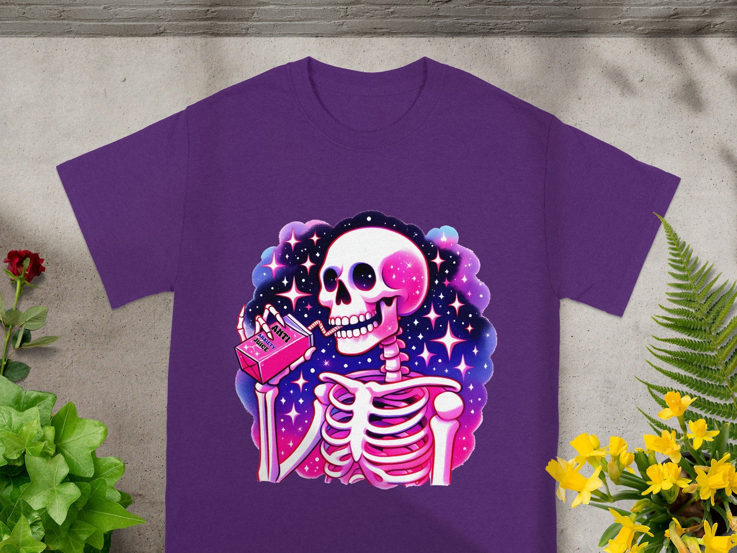 Skeleton Drinking Anti Juice Purple Graphic T-Shirt