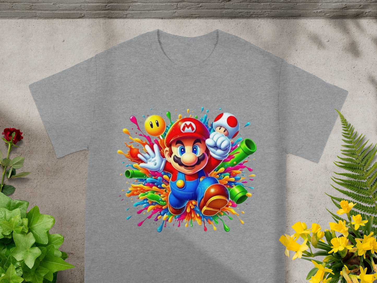 Mario in dynamic pose surrounded by colorful splashes and game elements.