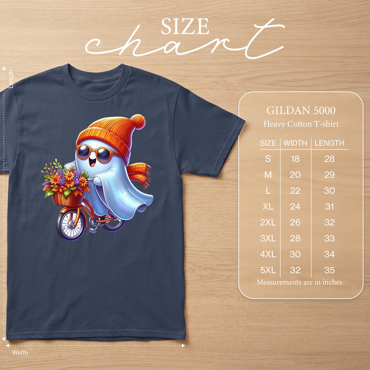 Gildan 5000 size chart for heavy cotton t-shirts with measurements in inches.