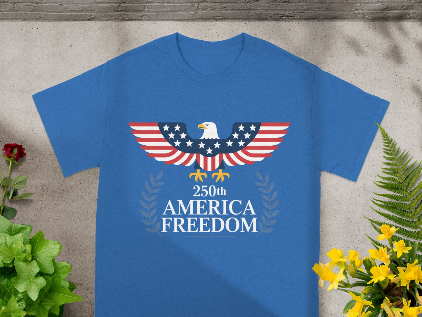 Blue t-shirt with eagle, American flag, and "250th AMERICA FREEDOM".