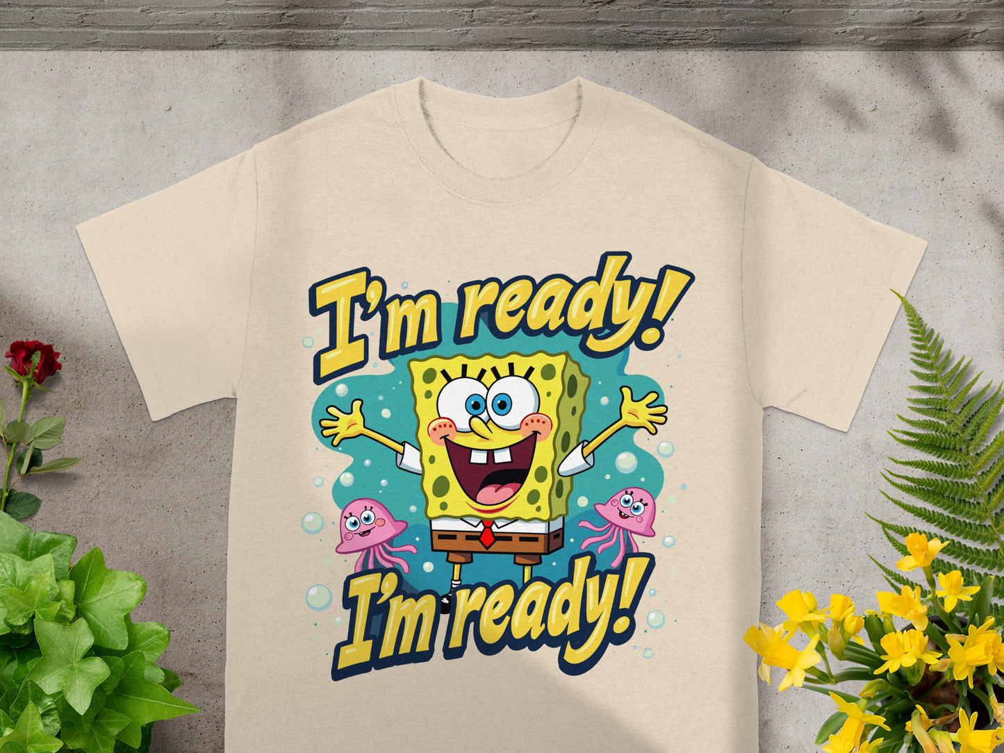 SpongeBob SquarePants with two jellyfish, text "I'm ready! I'm ready!"