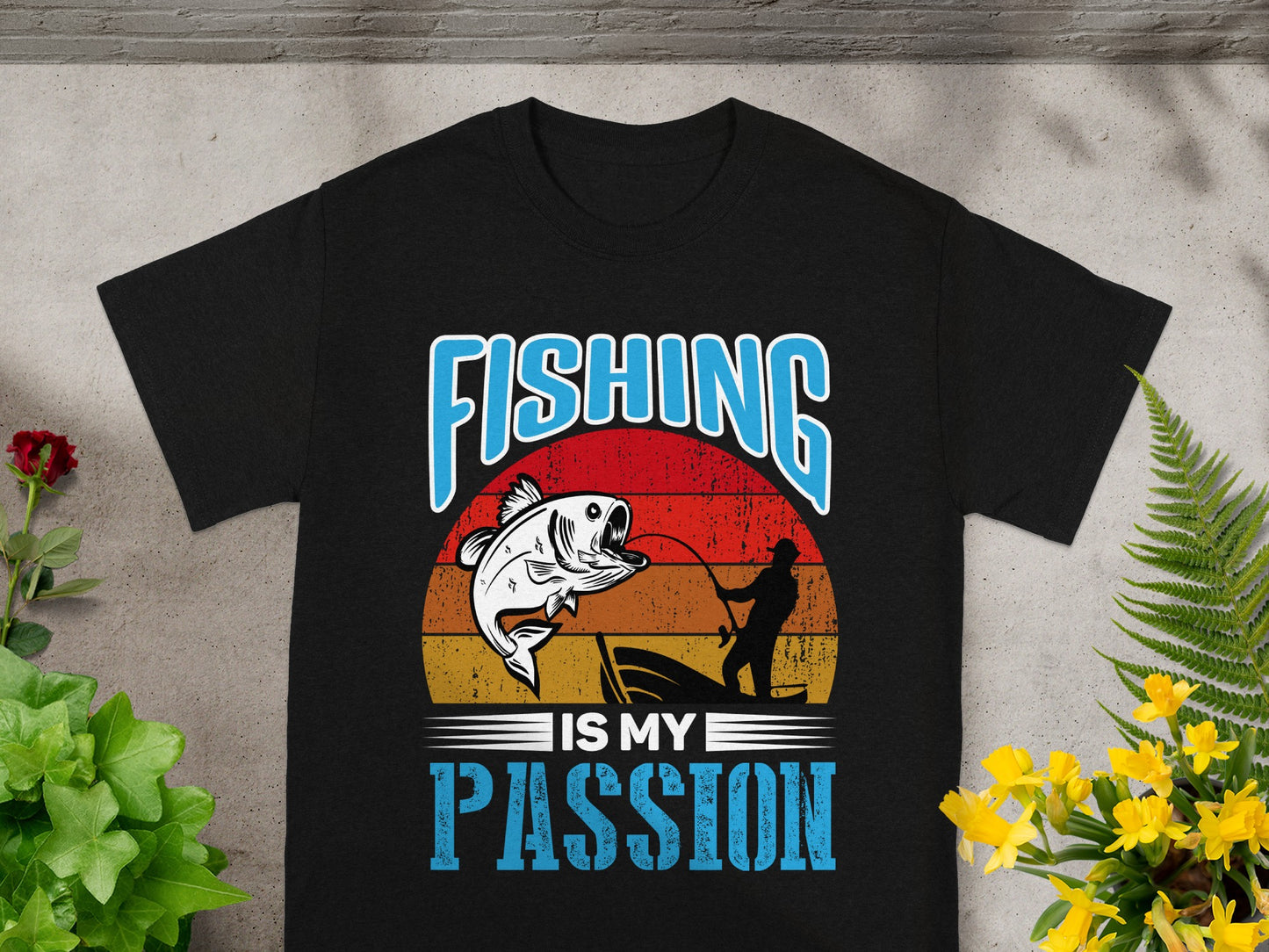Black t-shirt with "FISHING IS MY PASSION" text and fishing graphic.