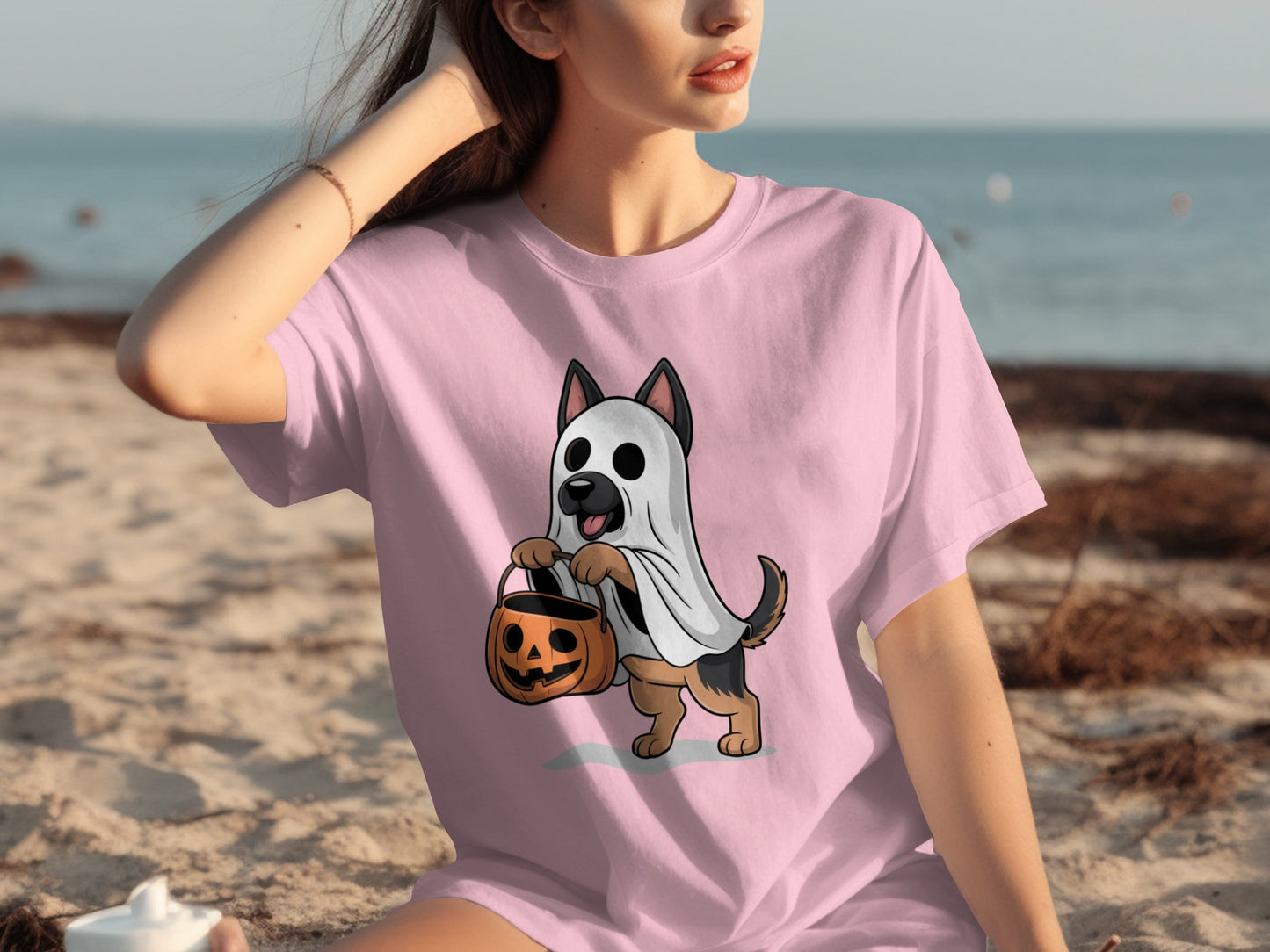 Cute Halloween Dog Ghost With Pumpkin Basket T-shirt