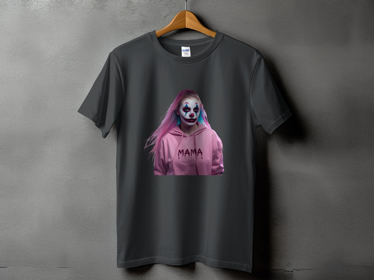 Dark grey t-shirt featuring a clown with pink hair and "MAMA" text.