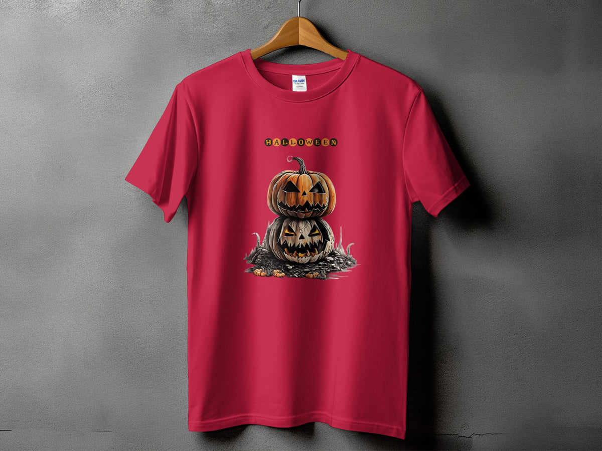 Red t-shirt with stacked carved pumpkins and "HALLOWEEN" text design.