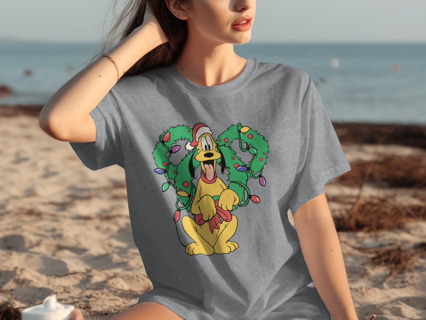 Playful Cartoon Dog in Christmas Lights T-shirt