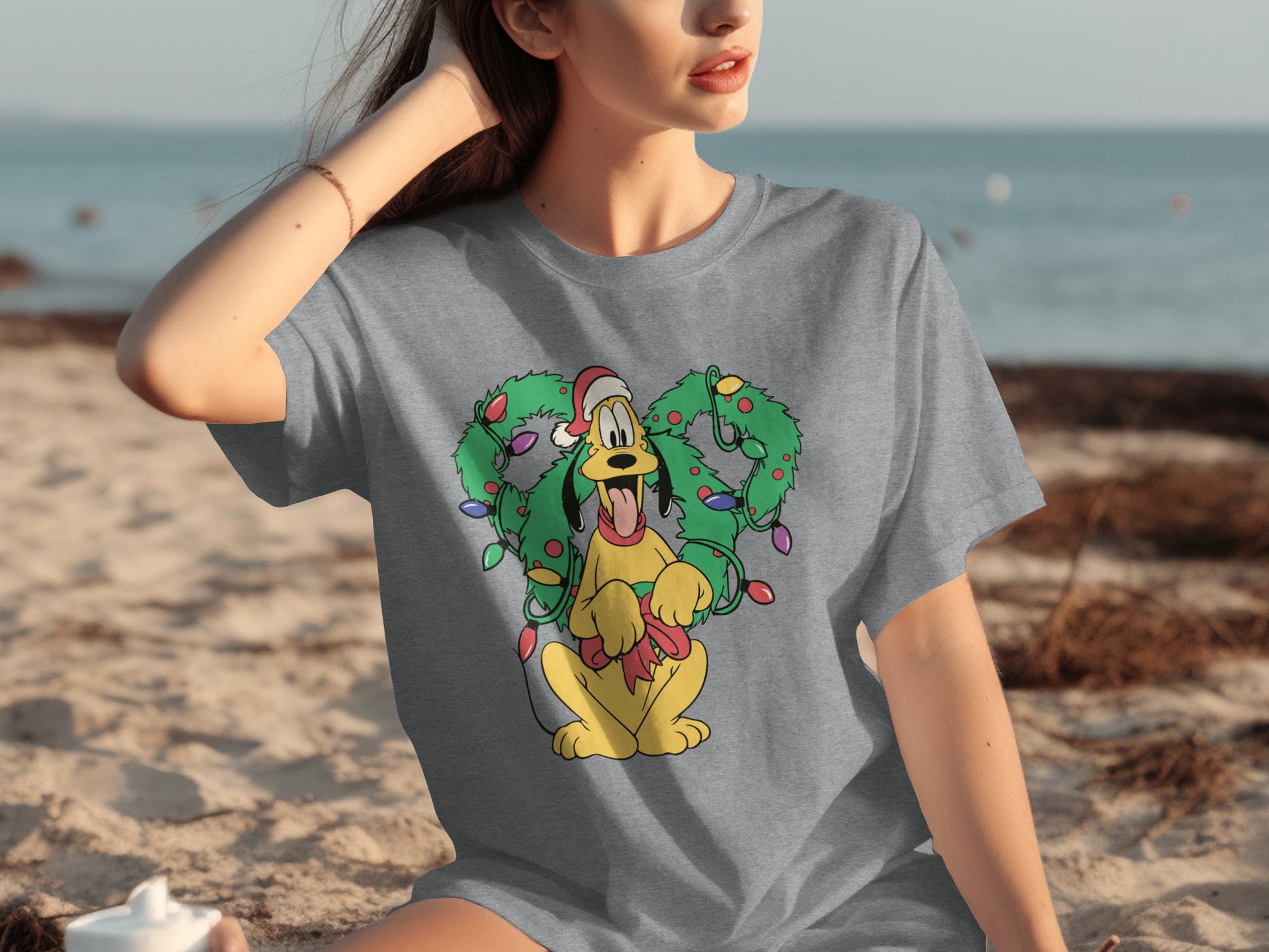 Playful Cartoon Dog in Christmas Lights T-shirt