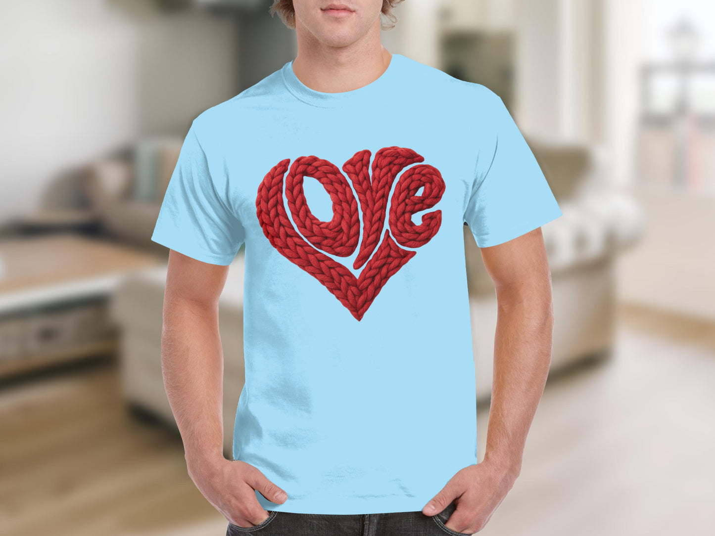 Blue T-Shirt with Red Knitted Love Heart Design