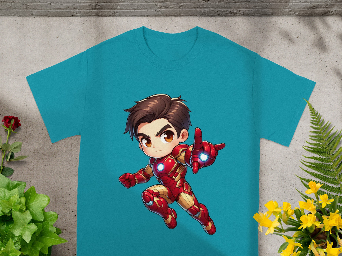 Chibi Iron Man in red and gold armor pointing forward.