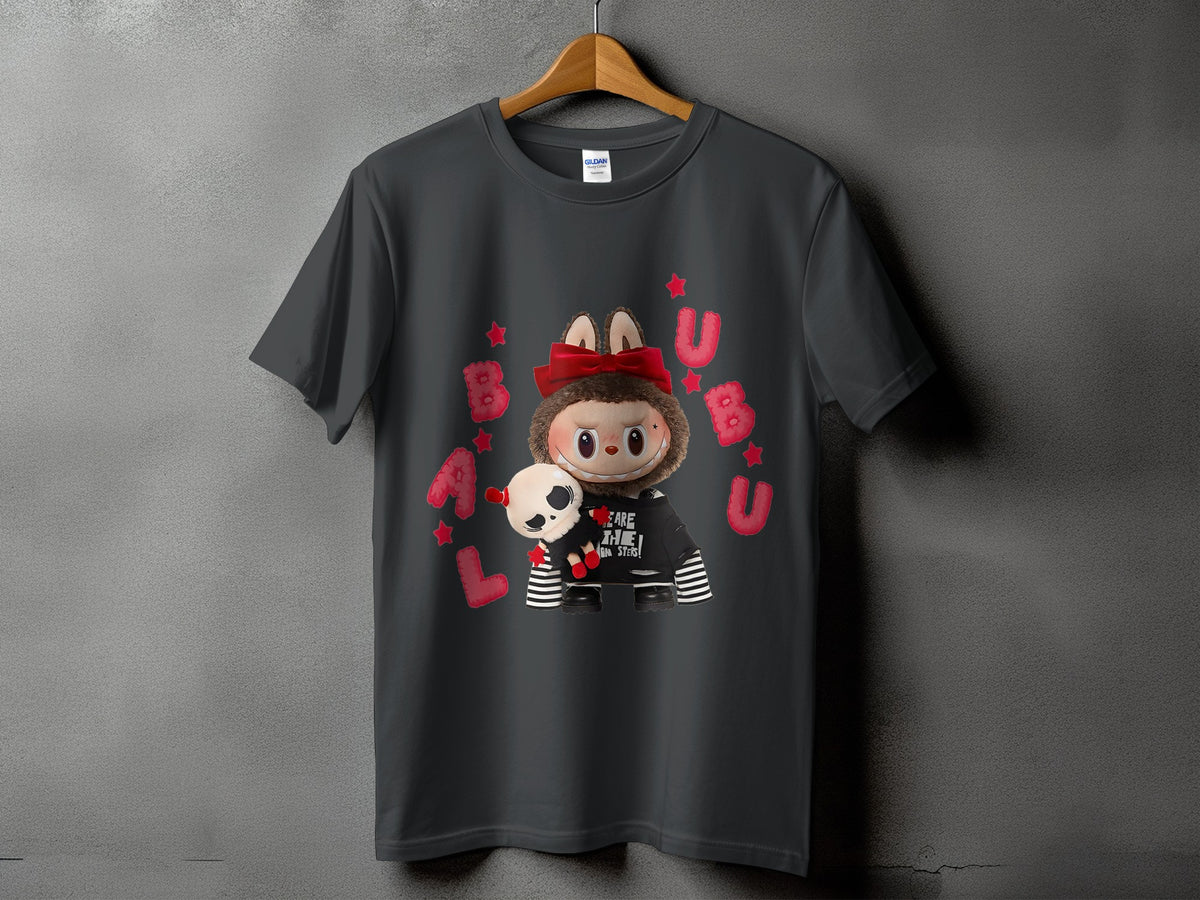 Dark grey t-shirt with a cartoon character holding a skull and stars.