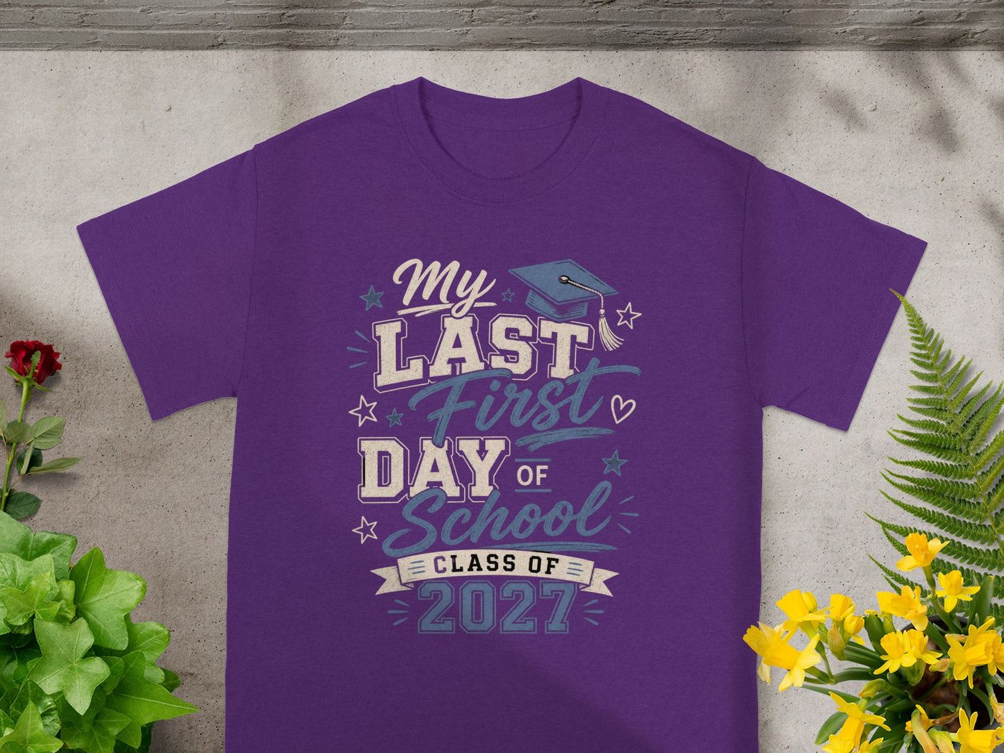 Purple t-shirt with "My Last First Day of School Class of 2027" text.