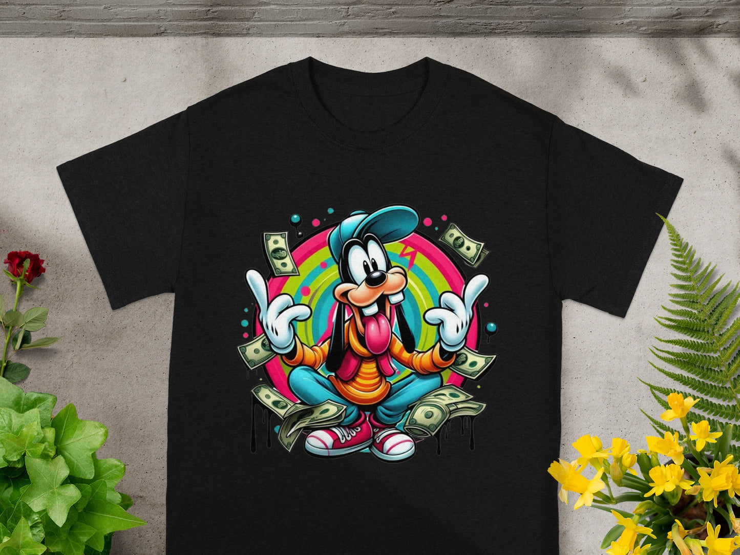 Goofy cartoon character sitting cross-legged surrounded by money.