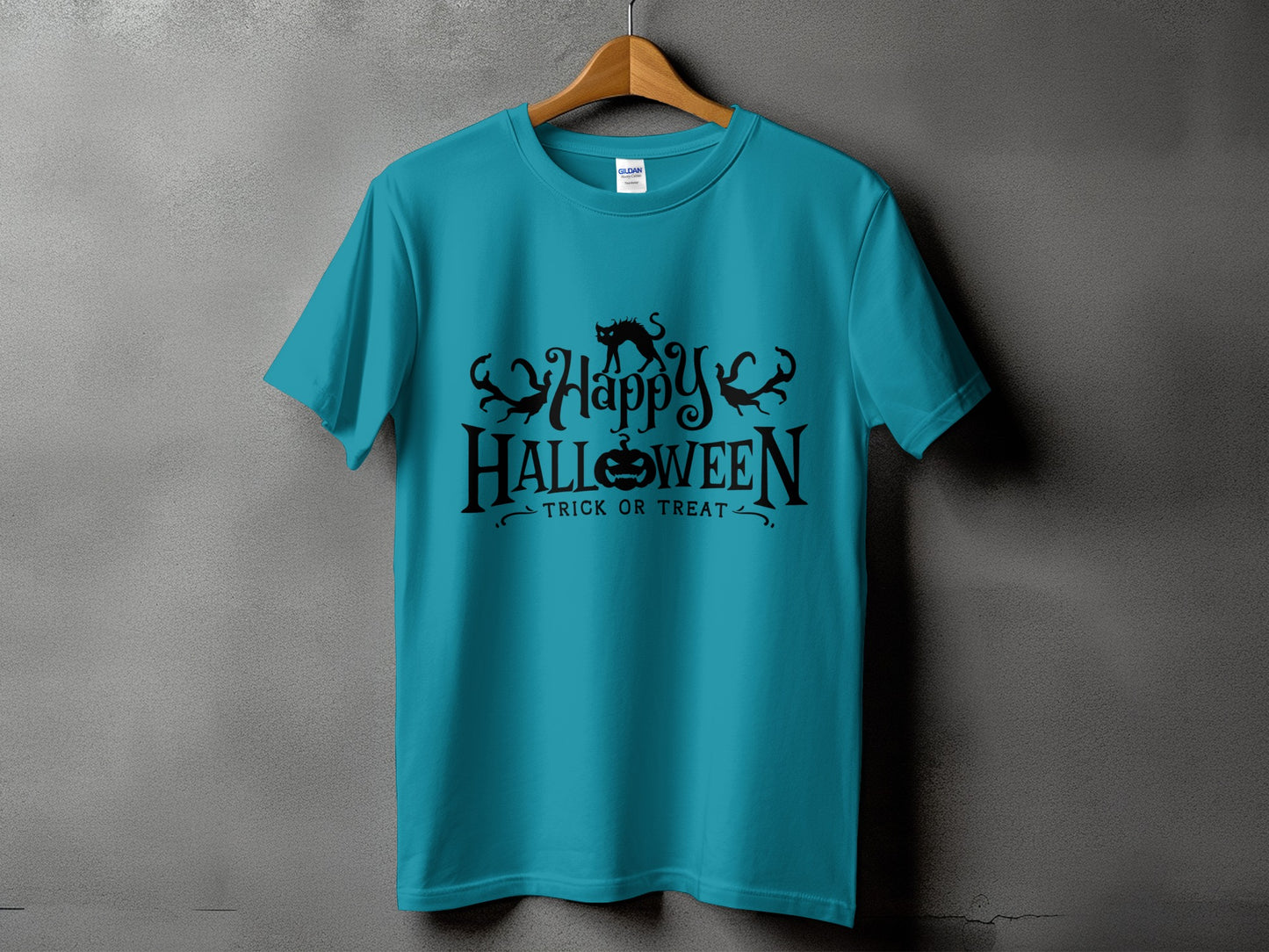 Teal t-shirt with black "Happy Halloween Trick or Treat" graphic and cats.
