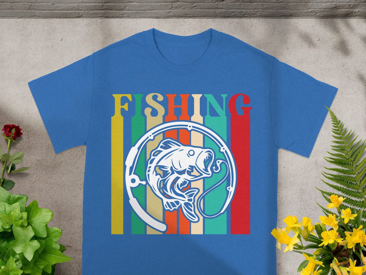 Blue t-shirt with "FISHING" text and a fish graphic.