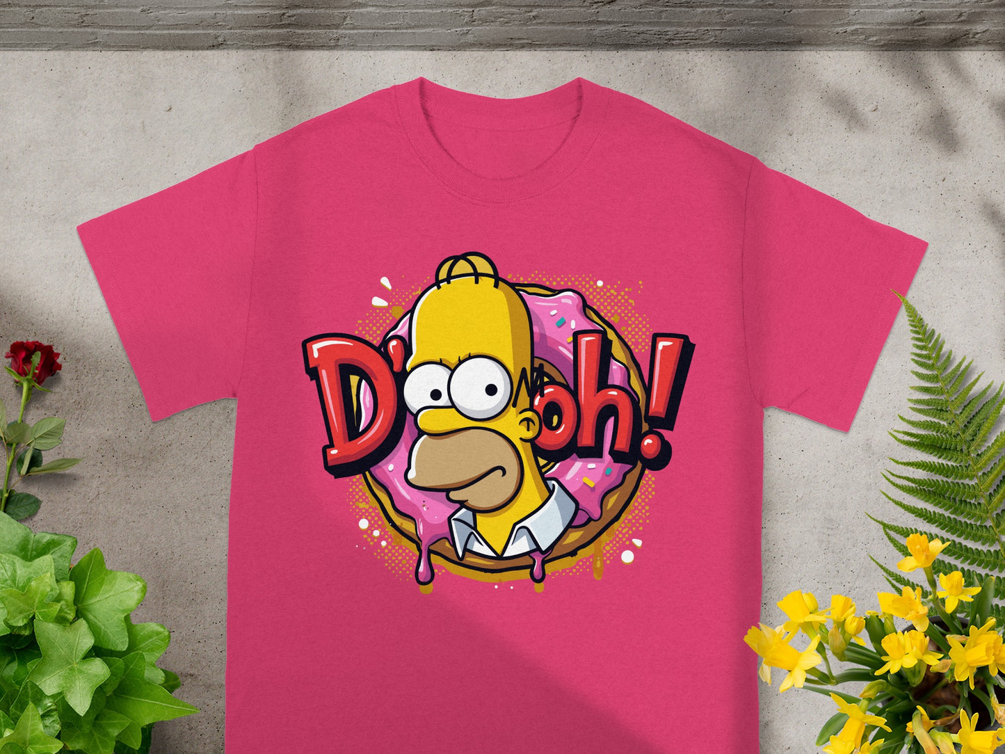 Homer Simpson with "D'oh!" on a pink donut t-shirt.