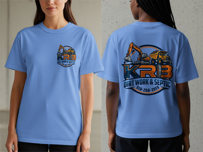 Light blue t-shirt with KRB Dirt Work & Septic logo featuring excavators and dump trucks.