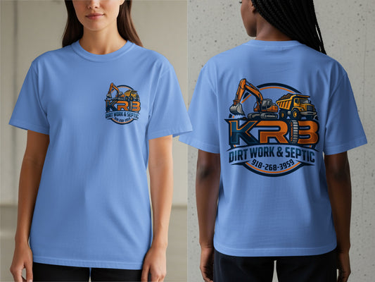 Light blue t-shirt with KRB Dirt Work & Septic logo featuring excavators and dump trucks.
