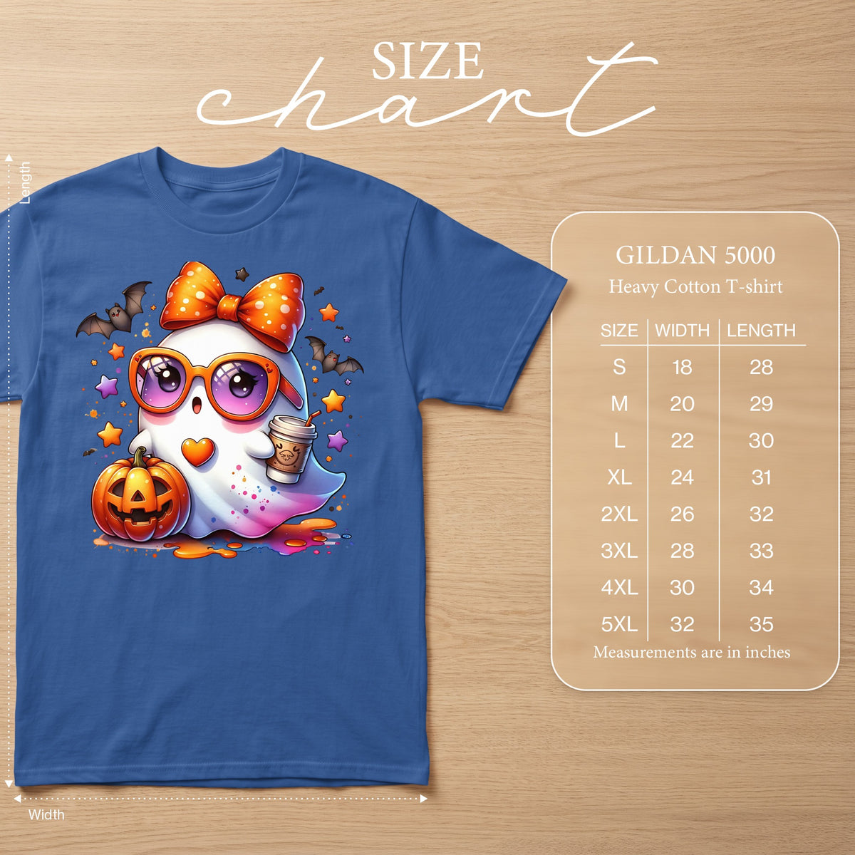 Blue Gildan 5000 heavy cotton t-shirt with ghost graphic and size chart.