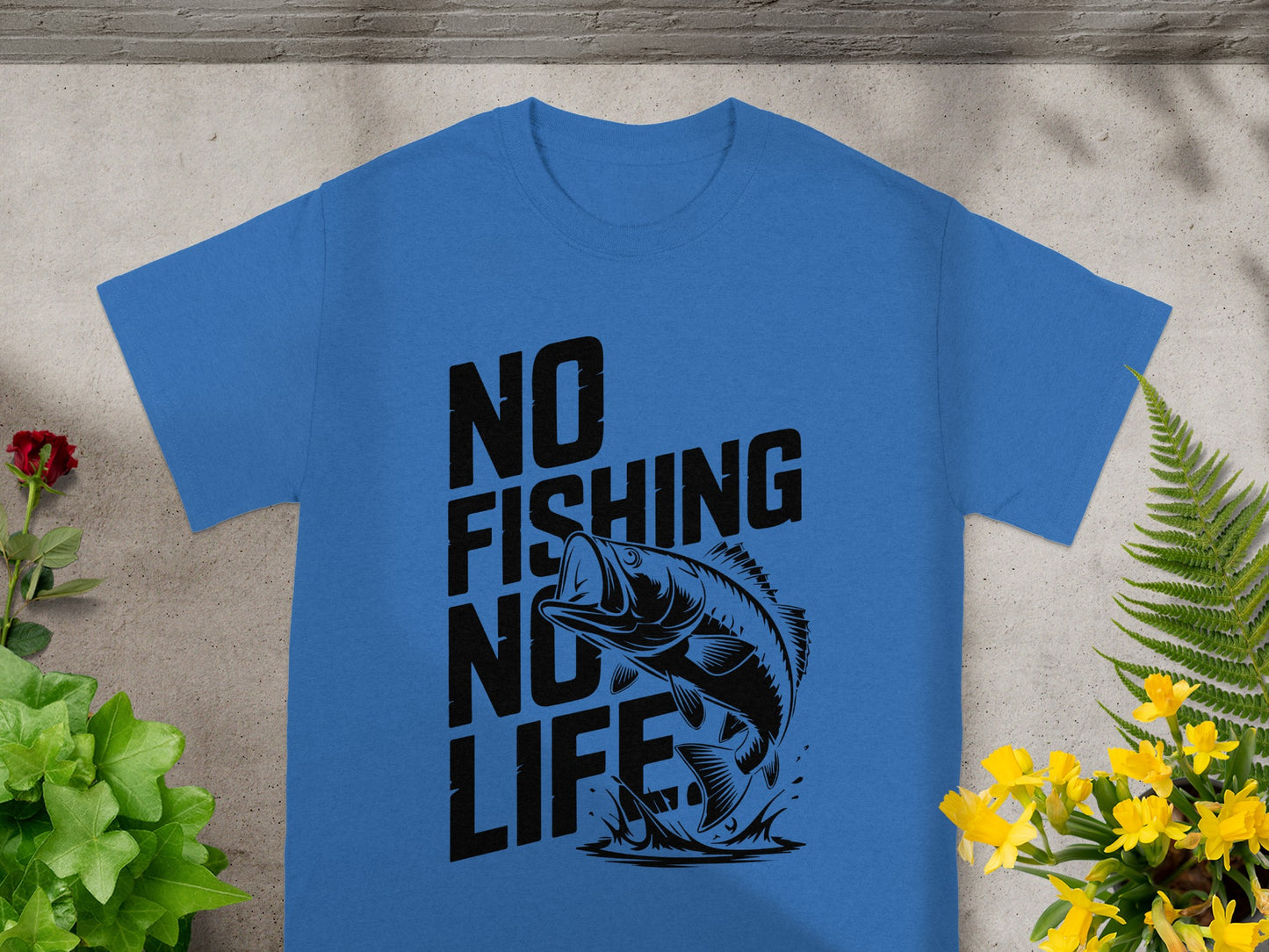 Blue t-shirt with black graphic of a jumping bass and text "NO FISHING NO LIFE".