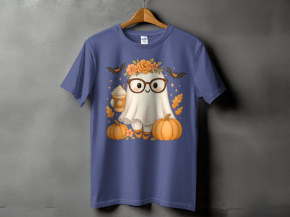 T-shirt with ghost, pumpkins, bats, latte, and floral wreath graphic.