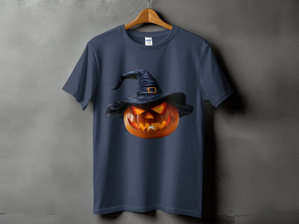 Dark blue t-shirt with a glowing jack-o'-lantern wearing a witch hat.