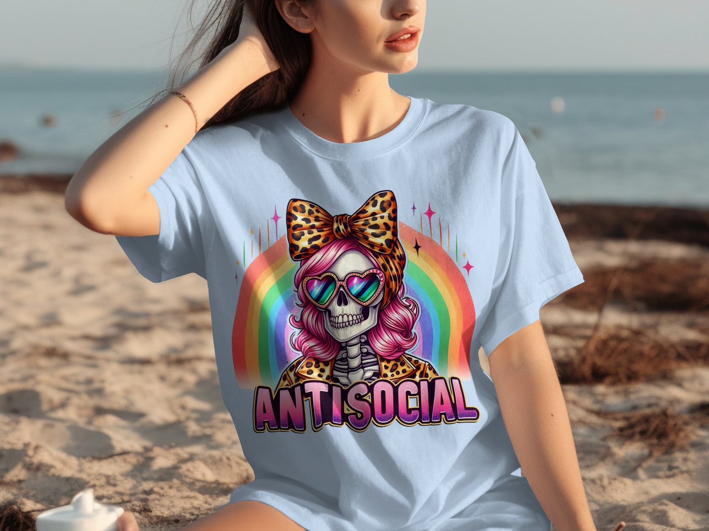Colorful Antisocial Skull with Leopard Bow T-Shirt