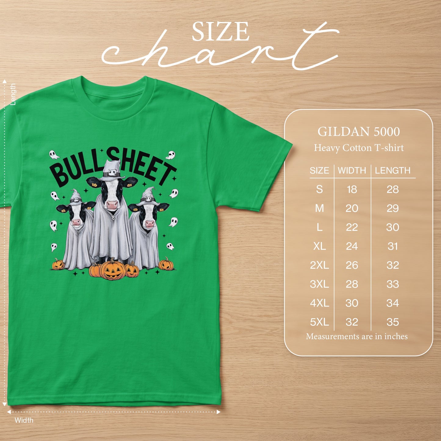 Green t-shirt with three cows dressed as ghosts and pumpkins. Size chart provided.