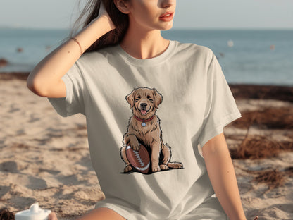 Golden Retriever Holding Football Graphic T-shirt