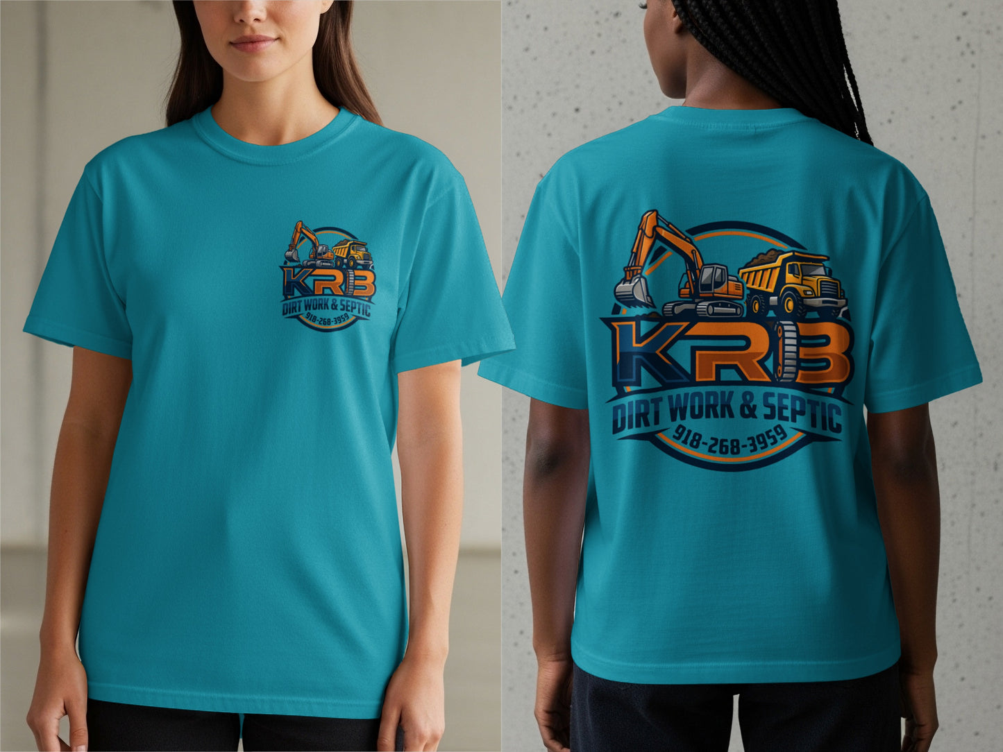 Teal t-shirt with KRB Dirt Work & Septic logo featuring excavator and dump truck.