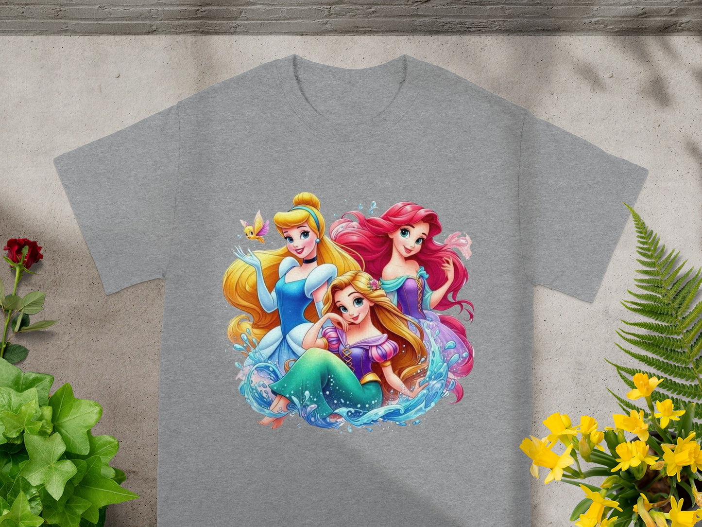 Three Disney princesses in a splash of water with a butterfly.