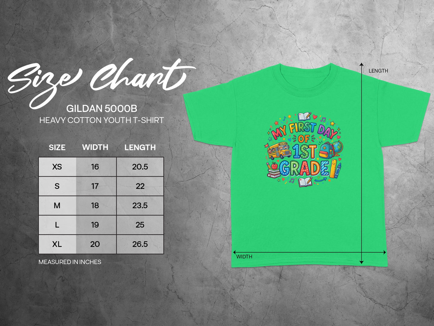Gildan 5000B youth t-shirt size chart with measurements for width and length.