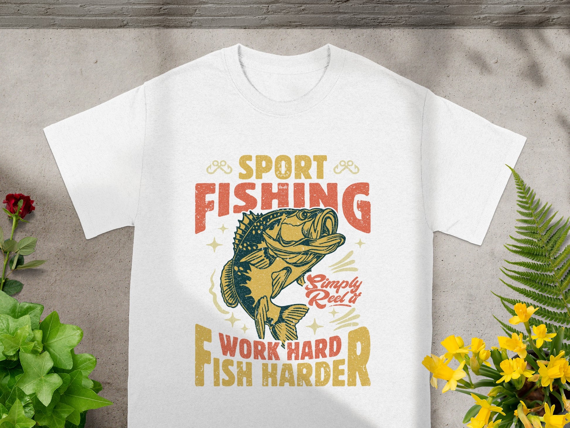 White t-shirt with "Sport Fishing Work Hard Fish Harder" graphic and fish.